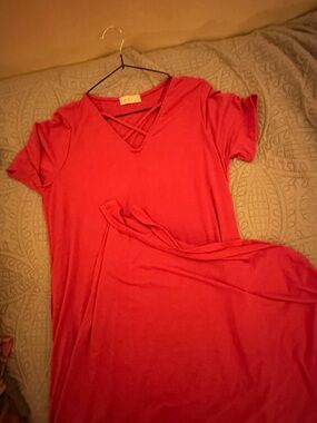 Perfect peach pink women's Crisscross V-Neck Short Sleeve Maxi Dress